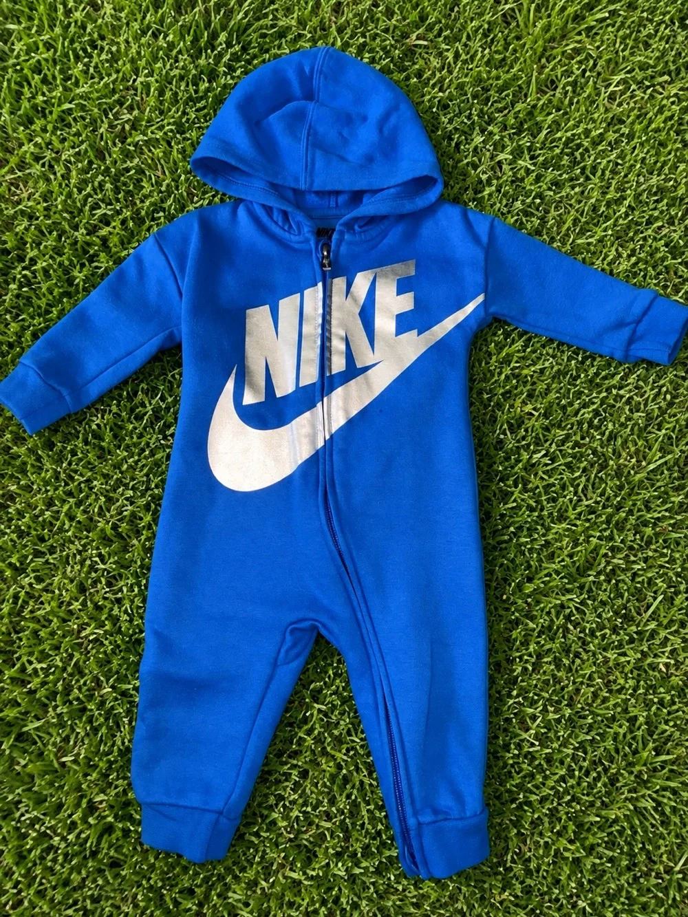 Nike Royal Blue Hooded Baby One-Piece with Silver Logo